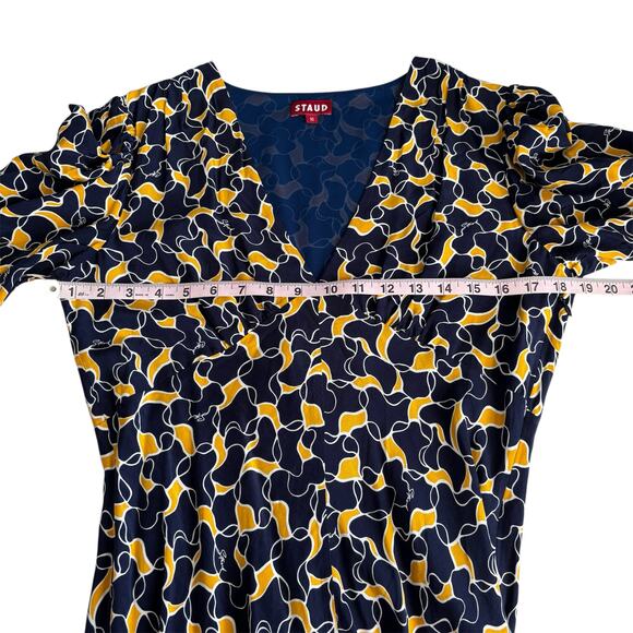 STAUD Mini Milla V-Neck Dress in Navy Yellow Abstract Wave Print Women’s sz 10 - Picture 4 of 9